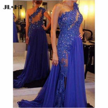 Navy Blue Sheer Lace Evening Dresses Long with Appliques Beaded One Shoulder Prom Dress Tulle Elegant Evening Dress 2024 - buy cheap