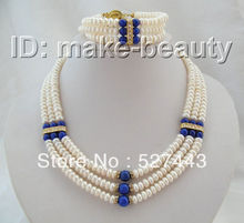 Wholesale CLASSIC 3rows 8mm Natural white pearls blue lapis lazuli necklace bracelet a set 2024 - buy cheap