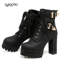 Botas femininas de salto alto quadrado, botas martin de plataforma com cadarço e fivela, sapatos de zíper, primavera outono e inverno 2024 - compre barato