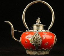 Decoration Collectibles HANDWORK TIBET SILVER WITH RED CERAMIC MONKEY TEAPOT Handwork Statue Tibet Miao Antique Old Silver 2024 - buy cheap