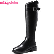 Masgulahe women shoes waterproof genuine leather boots round toe buckle autumn boots fashion zip look slimmer knee high boots 2024 - buy cheap