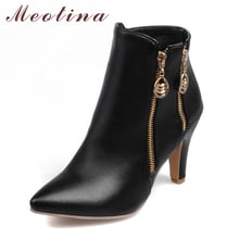 Meotina Women Spring Ankle Boots Autumn High Heel Boots Pointed Toe Female Boots Zipper Shoes 2018 Black White Large Size 45 2024 - buy cheap