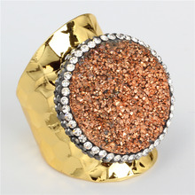 Luxury Jewelry Round Orange Druzy Raw Angular Semi Precious Stone Charm Pave Rhinestone Golden Metal Adjustable Open Unisex Ring 2024 - buy cheap