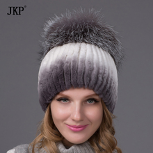 Winter rex rabbit fur hat for women with fox fur pom poms top knitted beanies fur hats new brand causal good quality cap THY-02 2024 - buy cheap