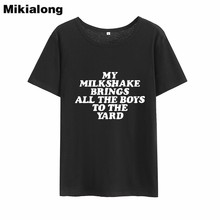 Mikialong meu milkshake traz harajuku tshirt feminino 2018 manga curta o pescoço camisa de algodão camiseta femme preto branco 2024 - compre barato