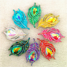 Plumas de pavo real 3D de resina AB, botones artesanales de boda con diamantes de imitación planos, 20x38mm, 12 Uds. 2024 - compra barato