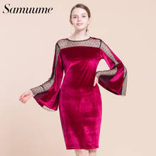 Samuume Elegant Long Sleeve Women Lace Dresses 2017 New Arrival Sexy Patchwork Ladies Office Velvet Midi Dress Autumn A1708026 2024 - buy cheap