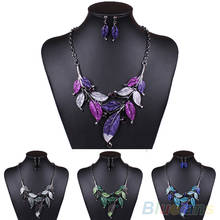Classic Colorful Leaf Rhinestone Alloy Drop Necklace Earrings Jewelry Set B02 1KV5 2024 - buy cheap