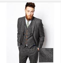 Terno masculino feito sob encomenda, conjunto de 3 peças (jaqueta + calça + colete) terno cinza tweed 2024 - compre barato