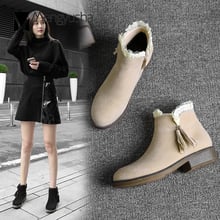 2020 Winter nubuck leather boots lace ruffles sweet ankle botas women thick heels fringe decorate snow booties big size 34-43 2024 - buy cheap