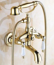 Роскошный золотистый латунный смеситель с двумя ручками для ванной комнаты с душевой лейкой и настенным креплением atf083 2024 - купить недорого