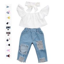 New Fashion Children Girls Clothes Off shoulder Crop Tops White+ Hole Denim Pant Jean Headband 3PCS Toddler Kids Clothing 2024 - buy cheap