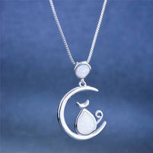 Cute Female Big Cat Moon Pendants Necklaces Fashion Silver Color Chain Necklace White Fire Opal Necklaces For Women 2024 - buy cheap