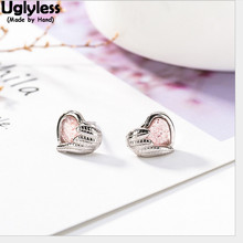 Uglyless 100% Solid 925 Silver Fine Jewelry for Women Handmade MINI Heart Ear Studs Natural Strawberry Quartz Earrings Love Gift 2024 - buy cheap