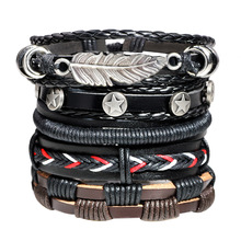 5pcs/set Boho Gypsy Hippie Punk Feather Star Charm Black Leather Cord Rope Wrap Knot Layer Stacked Bracelets Set for Man Jewelry 2024 - buy cheap