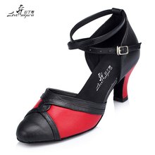 Ladingwu Genuine Leather Red and Black Collocation Women Closed Toe Ballroom Square Dance Shoes Soft Bottom Latin Dance Shoes 2022 - buy cheap