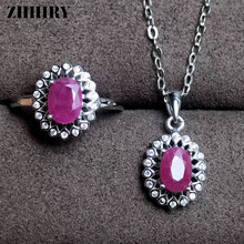 Zhhiry conjuntos de joias femininas, joias finas com pedra de rubi natural genuína de prata esterlina 925 com pingente de corrente 2024 - compre barato