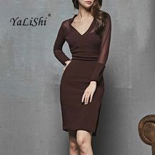 Autumn Solid Pencil Dress 2018 Women Brown Full Sleeve V-neck Knee-length Work Club Dress Elegant Office Dresses Vestidos Ladies 2024 - buy cheap