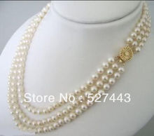 Wholesale free shipping 3 Rows 7-8mm White Akoya Cultured Pearls Necklace 17-19" 2024 - buy cheap