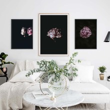 Quadro de pintura em tela para decoração de casa, pôsteres de peônia preta e impressões florais, imagem nórdica, mural, pop, arte modular 2024 - compre barato