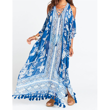 Long Chiffon Women Dress Blue Tassel Maxi Beach Dress Saida De Praia Plus Size Robe De Plage V neck Off Shoulder Sexy Dress 2024 - buy cheap
