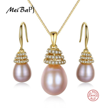 MeiBaPJ Real 925 Sterling Silver Gold Color Jewelry Set For Women Freshwater Pearl Necklace Earrings Fine Party Jewelry 2024 - buy cheap