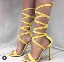 Summer Cheap High Quality Women Purple Yellow Solid Thin Heels Cross Lace Up 100 mm Party Sexy Sandals High Heels Big Size 43 2024 - buy cheap