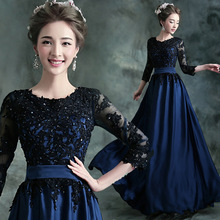 Long Evening Dress 2016 new hot Blue with Black Lace Embroidery 3/4 Sleeved Banquet Mother of The Bride Dresses Robe De Soiree 2024 - buy cheap