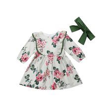 Vestido de princesa infantil feminino para crianças, 2 peças, estampa floral com babados, manga longa, altura do joelho, uma linha + bandana, outono 1 a 5 anos 2024 - compre barato