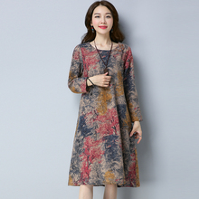 Fashion 2019 New Autumn Women dresses Plus Size Casual Cotton Linen Dress Loose Long Sleeve O-Neck Print Vintage Dress Style 2024 - buy cheap