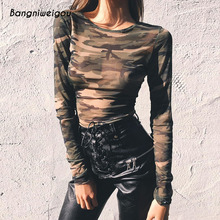 Bangniweigou-Camiseta de malla de camuflaje transparente para mujer, Top corto ligero de manga larga, camiseta de calle Harajuku verde militar de los años 90 2024 - compra barato