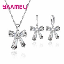 Hot Sale Bowknot Shape Pure 925 Sterling Silver For Women Wedding Jewelry Sets Crystal Necklace Pendant Hoop Earrings 2024 - buy cheap