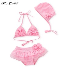 Children Girls Bikini Swimwear Fashion Pink Kids Girl Swimsuit Tops+Pants+Cap 3pcs Biquni Bikini Suit For 3-7 Years Bathwear 2024 - buy cheap