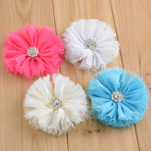 3.15" Shabby Frayed Solid Ballerina Chiffon Flower with Clear Acrylic Rhinestone Buttons 20pcs/lot Free shipping FH37 2024 - buy cheap