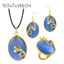 ROLILASON-Conjunto de pendientes, collar, colgante, anillos de zirconia azul, color dorado, de alta calidad, para amantes, JS688 2024 - compra barato