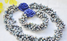 Wedding Woman jewelry Set 4 Strands 10mm Blue Gray Natural Freshwater Pearl Choker Necklace Bracelet Blue Rose Clasp Handmade 2024 - buy cheap