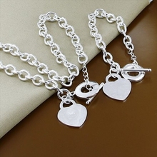 Fashion Chain Sliver Plated Jewelry Romantic Heart Shape Pendant Necklace+Bracelet Hot Poplar Women Jewelry Sets T283 2024 - buy cheap