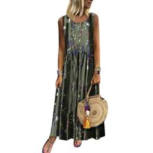 Plus Size Summer Fashion Bohemian Sundress Vintage Flower Print Loose Women Round Neck Sleeveless Lady Long Maxi Dress vestidos 2024 - buy cheap