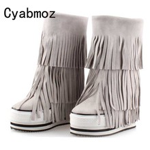 Botas de neve com franjas artesanais, aumento de 13cm, inverno, quente, couro genuíno, camurça, borla, plataforma para mulheres, elevador 2024 - compre barato