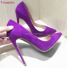 Vinapobo-zapatos de tacón de aguja de ante para mujer, tacones de aguja de punta estrecha, poco profundos, sin cordones, 12cm, para boda, púrpura, amarillo, azul y rojo 2024 - compra barato