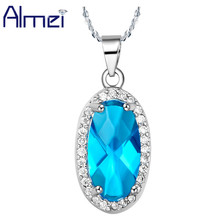 Almei Cute Makeup Long Necklace Oval Ocean Blue Crystal Stone Pendant For Women Wedding Necklaces Silver Color Jewellery N384 2024 - buy cheap