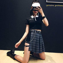 Summer High Waist Chains Belted Plaid Skirt Punk Female Irregular Pleated Goth Skirts 2019 Women Fashion Asymmetrical Skirts 2024 - buy cheap