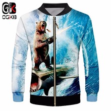 OGKB Unisex Jackets Brasão Primavera Queda dos homens Engraçado Impressão Tubarão Urso 3D Zip Blusão Homem Musculação Fintess Outwears Casual 2024 - compre barato