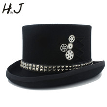 13.5CM Top Hat Women Men Black Wool Fedora Steampunk Top Hat With Punk Belt Victorian Hat 4Size 55 57 59 61CM 2024 - buy cheap