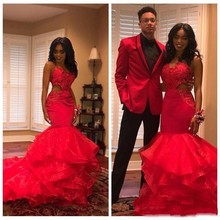 Red Mermaid Prom Dresses Long Sexy Spaghetti Straps Appliques Ruffles Tiered Girls Graduation Party Gowns Formal Gala Dress 2019 2024 - buy cheap