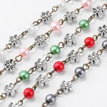 Handmade Round Glass Pearl Beads Chains for Necklaces Bracelets Making, with Tibetan Style Alloy Flower Links and Iron Eyepins, 2024 - buy cheap
