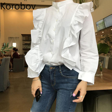Korobov Korean Elegant Ruffles Solid Women Blouses Top 2019 New Arrival Long Sleeve White Shirts Sweet Stand Collar Blusas 77996 2024 - buy cheap