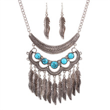 Retro Blue Gem Leaves Tassel Necklace Earrings Set Trendy Bohemian Leaf Choker Necklaces  Women Jewelry Set 2024 - buy cheap