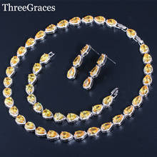 ThreeGraces 3Pcs Yellow Teardrop Crystal Wedding Jewelry Bridal Cubic Zircon Bracelets Earrings Necklace Set For Brides JS154 2024 - buy cheap