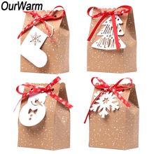 OurWarm 4Pcs Christmas Gift Boxes Kraft Paper Bags with White Tag Ribbon Christmas Party Candy Bar Candy Cookie Packaging Box 2024 - buy cheap